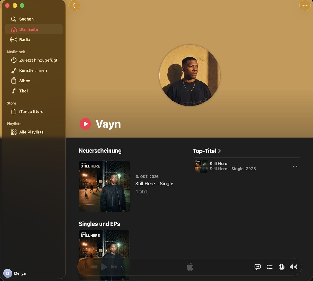 Vayns Künstlerprofil in Apple Music mit der Single Still Here