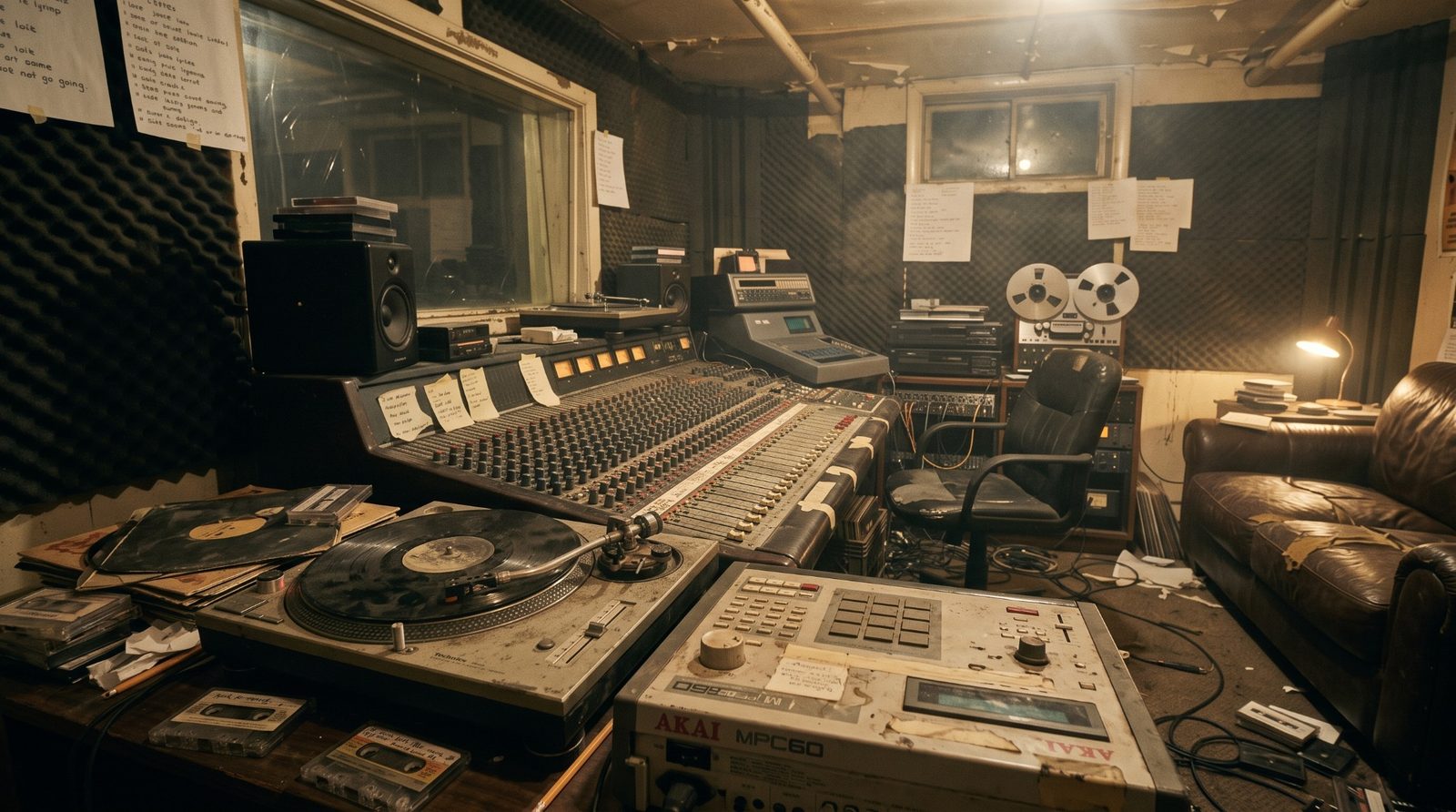 Analoger Studio-Regieraum mit Mischpult und Plattenspielern