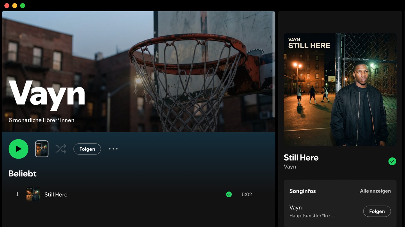Vayns Künstlerprofil auf Spotify mit der Single Still Here